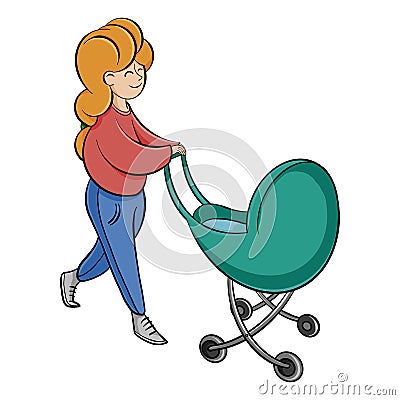 Woman walking with a baby in a stroller. young mother with a child. Stock Photo